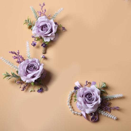 Europäisches Weißes Rosen-Anstecker & Handgelenk-Gesteck Set, Künstliche Seidenblume für Bräutigam Braut Brautjungfer, Outdoor-Hochzeitsfeier Dekoration