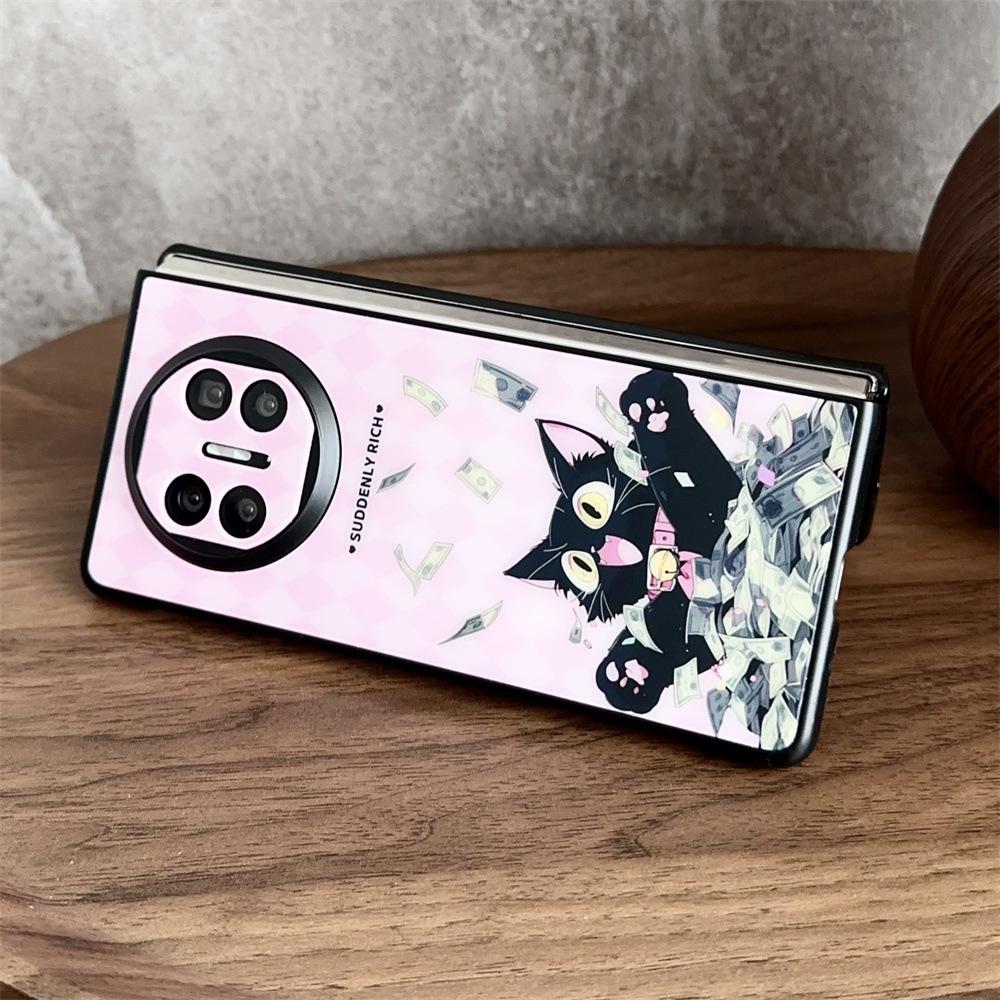 Black Cat and Pink Dragon Retro Happy Magnetic Case for Huawei MateX3/X5, Folding and Protective Cover for Women