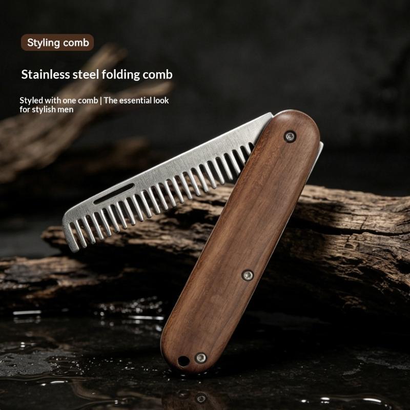 1Pcs Barber-Grade Travel Hair Mustache Comb Solid Wood & Metal Folding Beard Comb For Men Pompadour Styling Grooming Kit