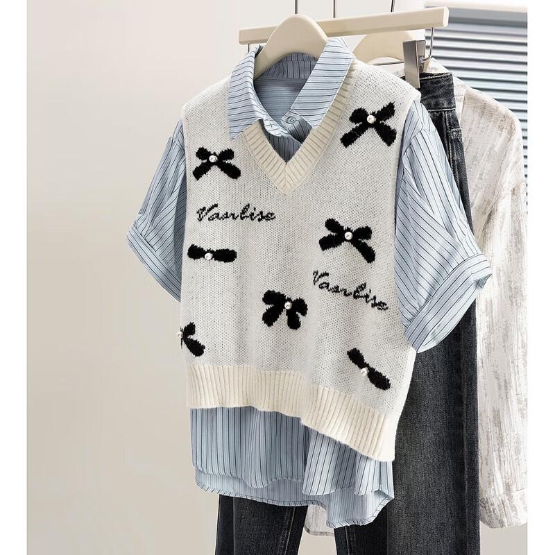Women's V-Neck Contrast Bow Knit Vest