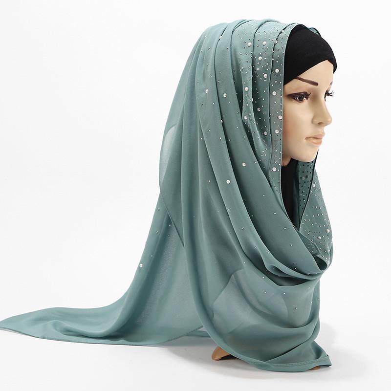 women plain bubble pearl chiffon scarf Head hijab wrap solid shawls headband foulard femme muslim hijabs stores