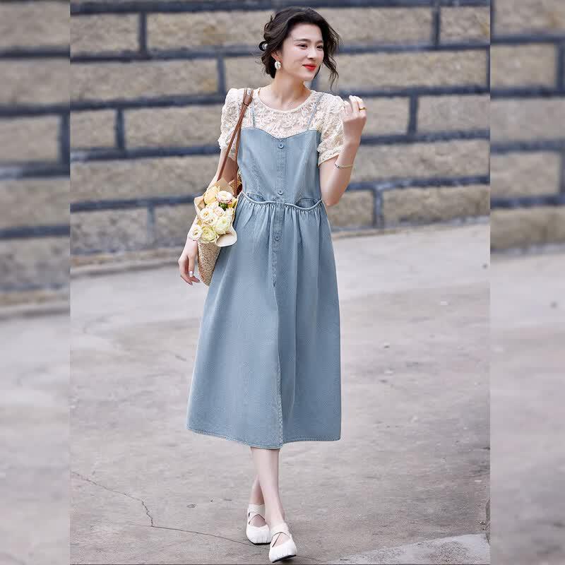 Bailuyu Hollow-out Floral Patchwork Faux Two-Piece Denim Dress