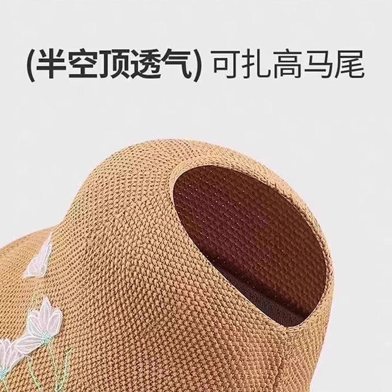 Empty top sunscreen hat women's summer new breathable knitted hat can tie ponytail outdoor big eaves show face small sunshade bucket hat