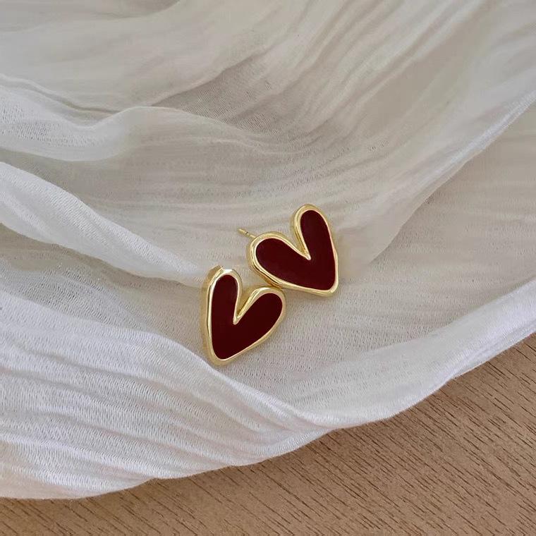 French Retro Heart Stud Earrings For Women Girl Korean Love Drop Glaze Aesthetic Daily Life Minimalist Fashion Jewelry Gift