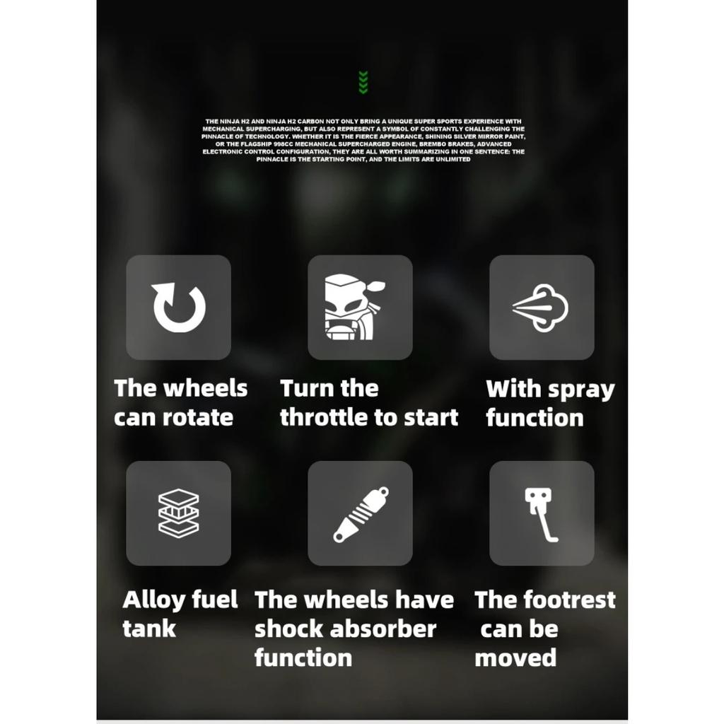 1/9 Kawasaki H2R Alloy Model Ignite Motorcycle with Spray Model Ignite Start Alloy Simulation Children Motorcycle Toy Gift
