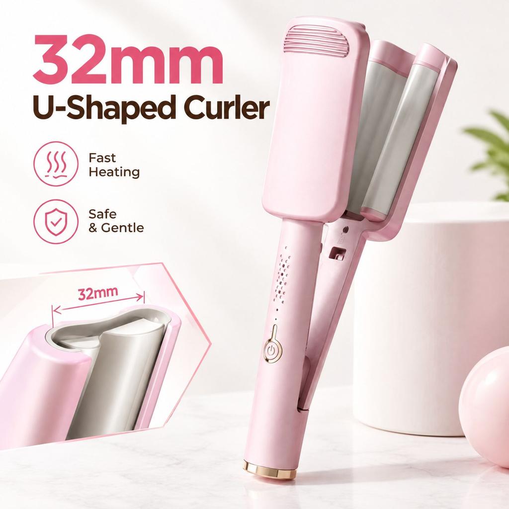 3- Hair, U-Shaped Egg Roll Hair Crimper with 32mm Design for Women, Wavy Hair Styling Tool