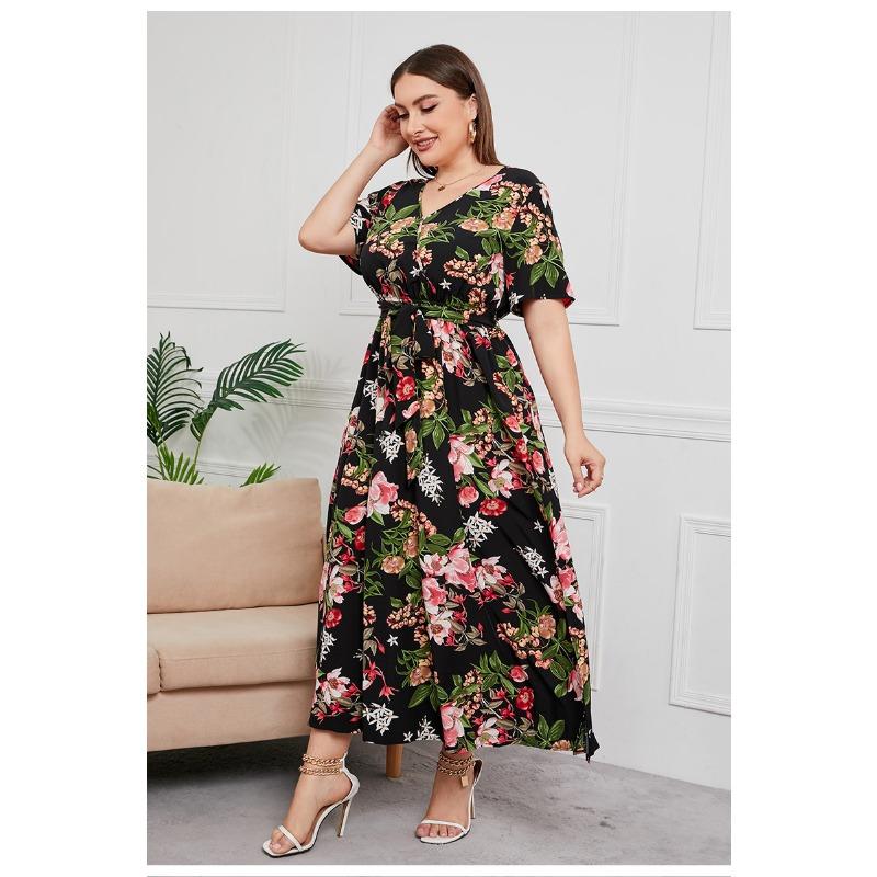Summer Women's Dress Short Sleeve High Waist V-neck MIDI Dress Plus Size Temperament Printed Sexy Dress
