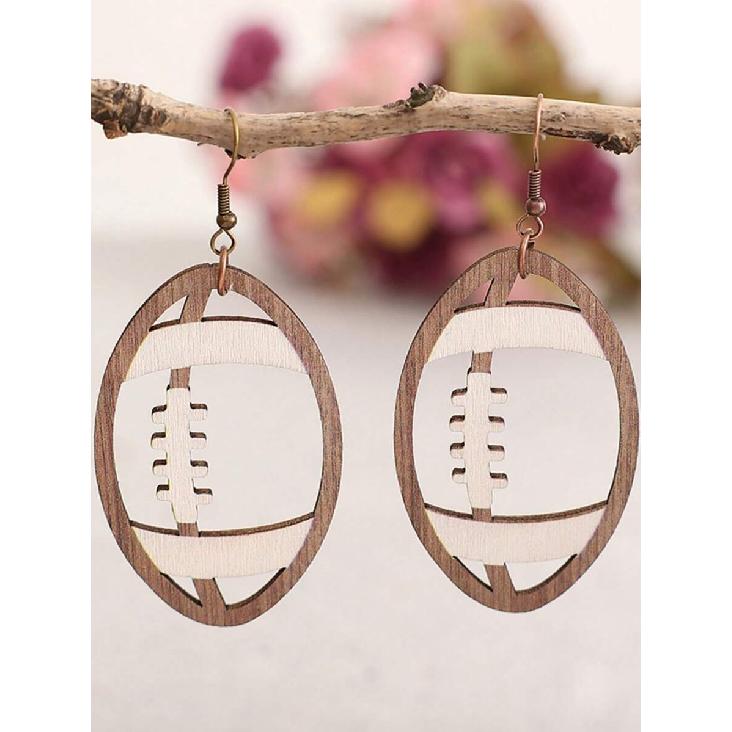 1 Pair Football Shaped Wooden Earrings For Women, Hollow Carved Sports Style Fan Earrings