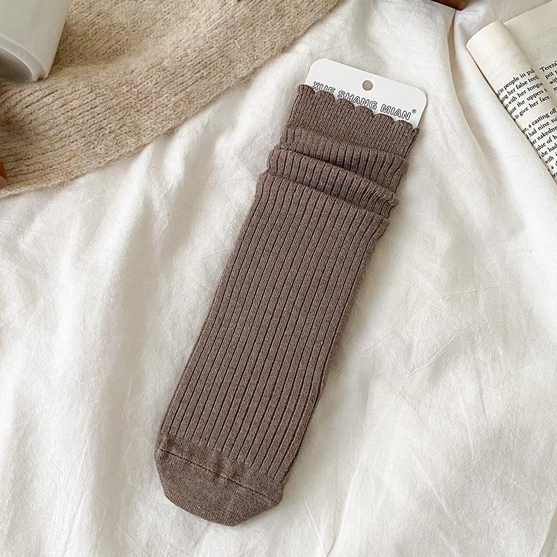 Female Autumn and Winter Warm Lace Straight Board Solid Color Thin Tube Stack Socks