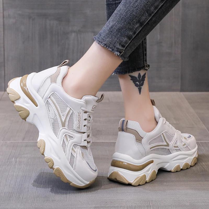 Women's Fashion Lace-up Casual Sneakers Lightweight Soft Sole Running Shoes 6CM Thick Soled Mesh Breathable Sports Shoes