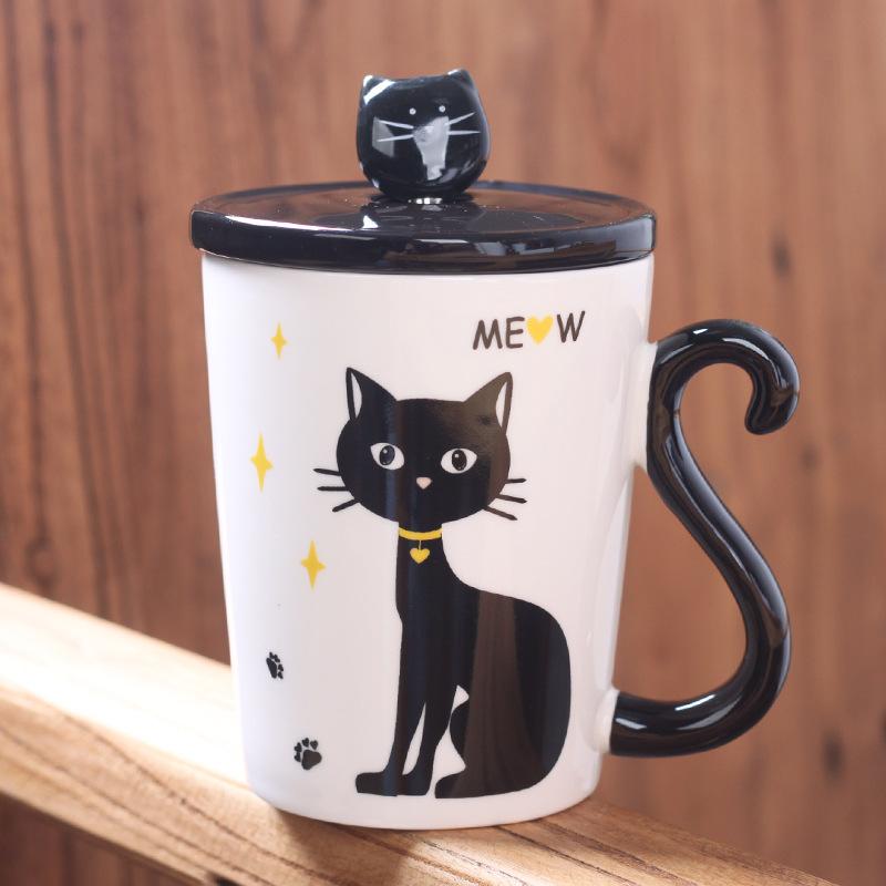 Personalized Cartoon Cat White Porcelain Handle I Ceramic Cup with Lid Office Coffee Cup Creative Student Milk Drinking Water Cup