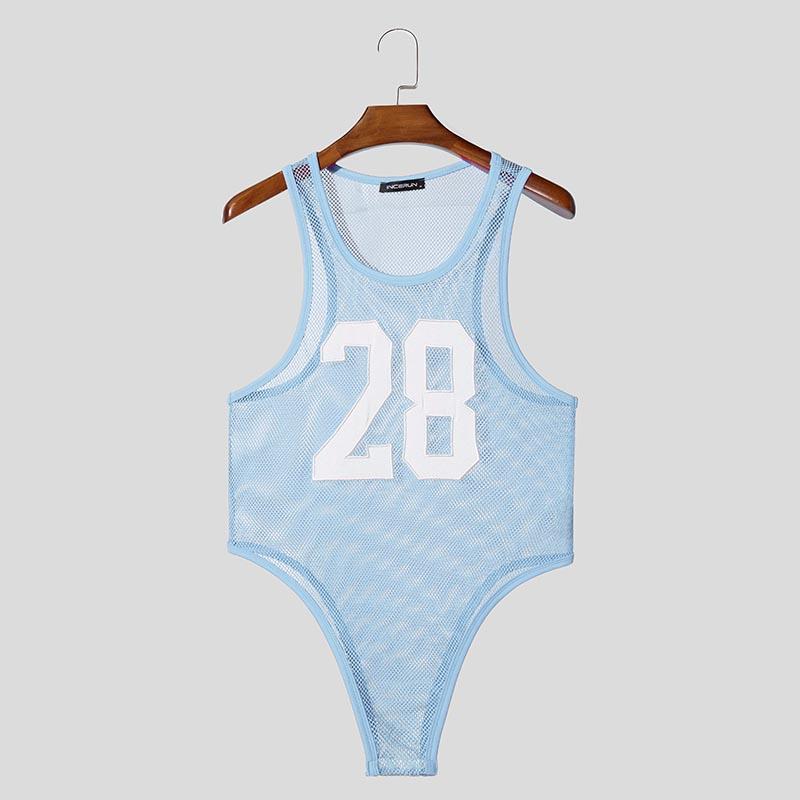 INCERUN Men Sleeveless Letter Print Mesh Bodysuits See Through Fitted Briefs Jumpsuits