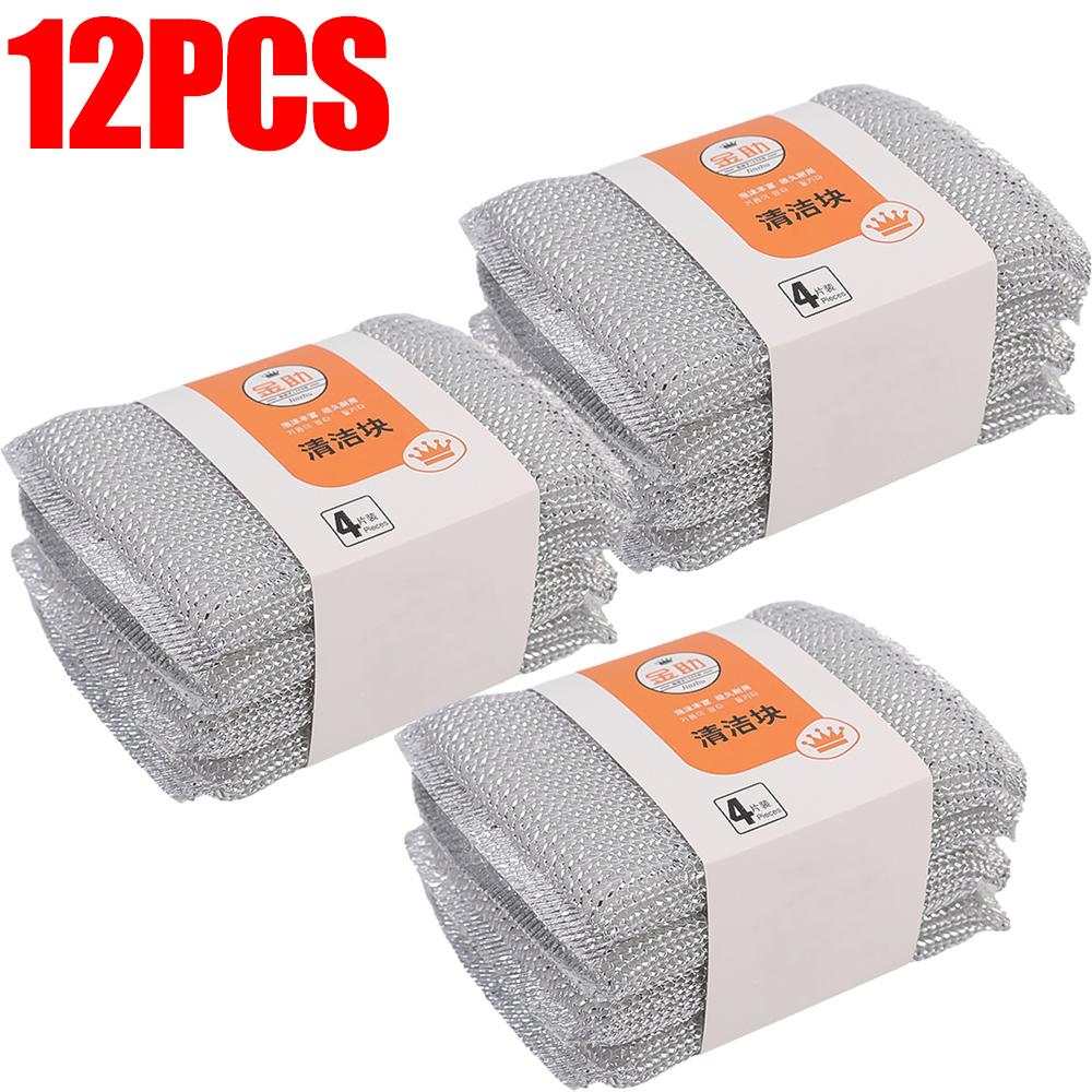 12/4Pcs Double Sided Dishwashing Sponge Silver Wire Cleaning Rags Wipe Pan Pot Dish Wash Thickened Scouring Cloth Kitchen Tools