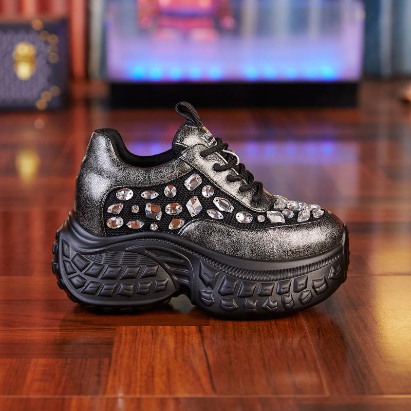 

8522 Женские туфли для папы со стразами: Увеличивающие рост, толстая подошва, дышащие, на лето и осень 2024 года. 37 чёрный