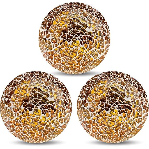 3pcs Decorative Glass Balls for Bowls 3.35inch Mosaic Glass Orbs Ball Gold Sphere Decor Globe Vases Dining Table Party Centerpiece
