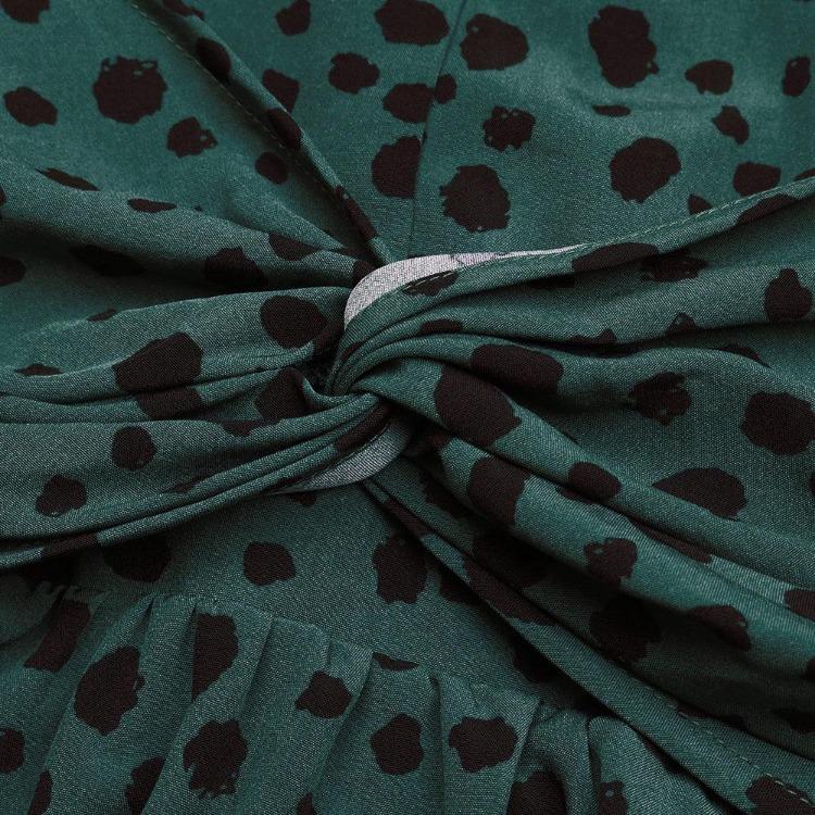 Green Leopard Print Chic Women Dress High Waist Long Sleeve V Neck Long Dress