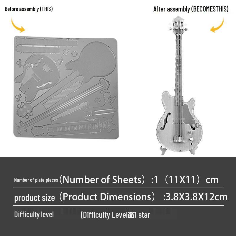3D Metal Bass Puzzle: Stainless Steel DIY Model, No Glue Needed