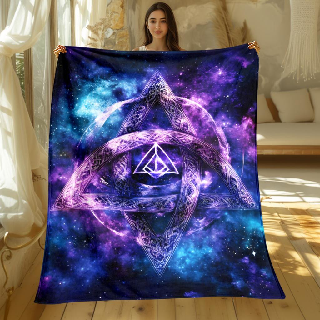 Galaxy Cosmic Symbol Fleece Blanket Purple Blue Space Design Mystical Triangular Pattern Soft Flannel Throw Blanket forSpiritual