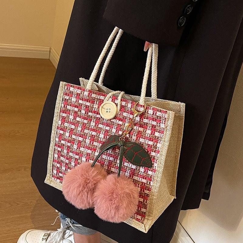 Stilvolle und trendige Leinen-Lunch-Tasche für Damen mit Kirschanhänger und Reißverschluss