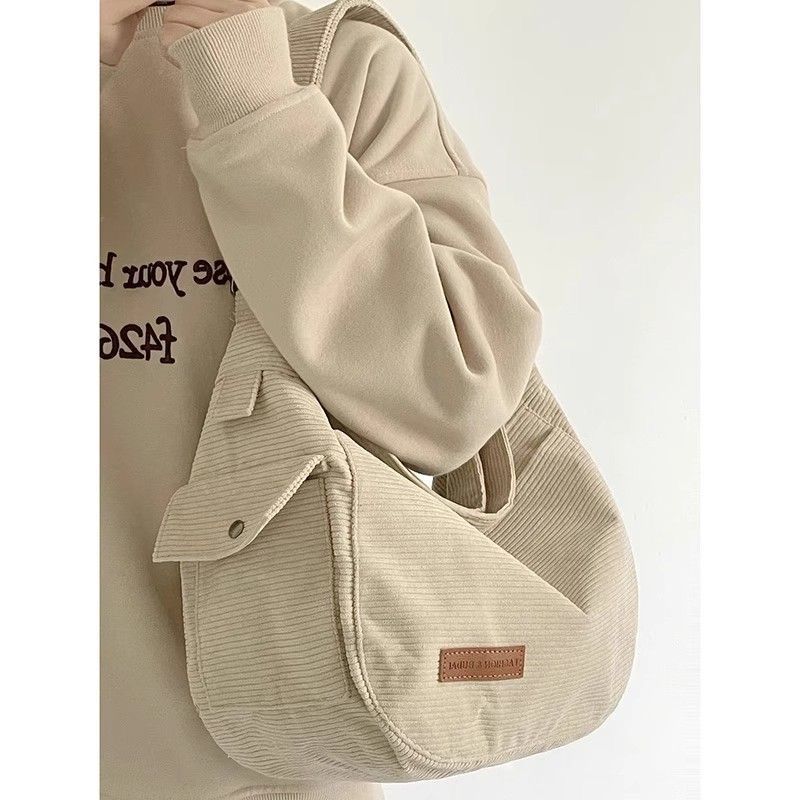 Corduroy Shoulder Bag Women Casual Crossbody Bag Half Moon Hobo Bag Soft Fabric Tote with Strap Cute Pendant