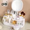 Boîte de rangement de maquillage avec miroir LED, grande capacité, compartiments multiples, boîte de rangement pour pinceaux de maquillage, organisateur de comptoir