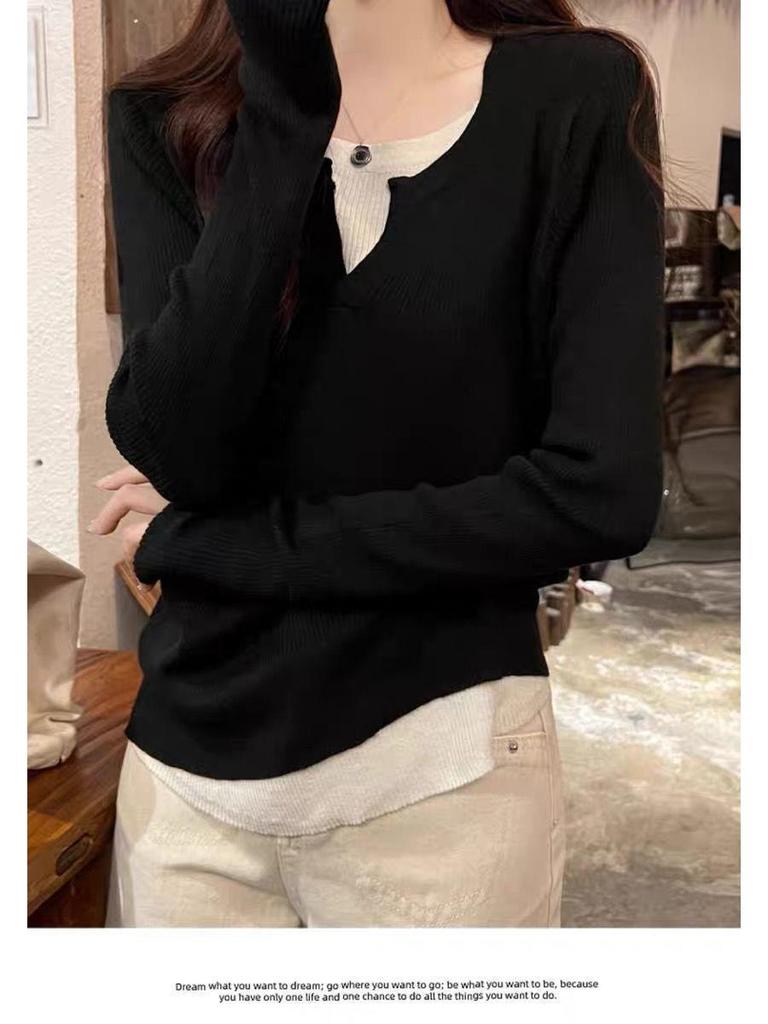 Two-Piece Effect Plus Size Black Long Sleeve T-Shirt - Women's Korean Style Irregular Patchwork Slimming Top