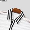 INCERUN Men Lapel Neck Long Sleeve Patchwork Hollow Out Fishnet Tops Mesh Sheer Shirts