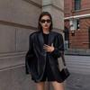 Women Black Brown Soft PU Blazer Shoulder Pads Long Sleeve Single Breasted Loose Casual Jacket Tops Korean Fashion Coat