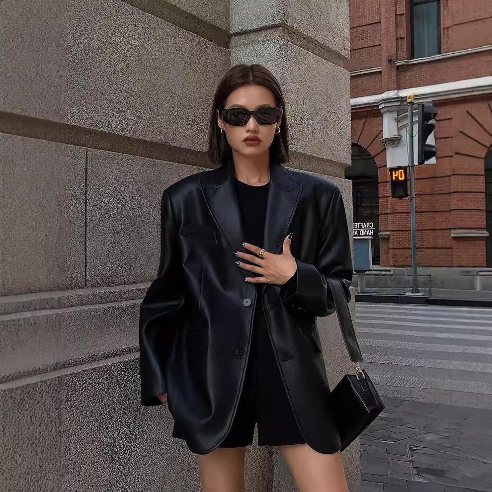 Women Black Brown Soft PU Blazer Shoulder Pads Long Sleeve Single Breasted Loose Casual Jacket Tops Korean Fashion Coat