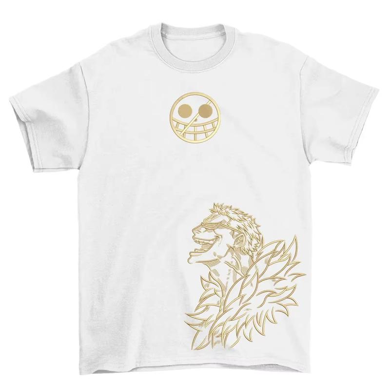 Summer Mens Tshirt One Piece Anime Collection Cotton Tees with Luffy Zoro Skull Pirate Logo Gold Line Art Prints Crew Neck