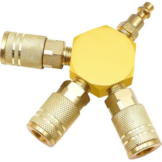 Air Splitter 3-Way Manifold Hex Style with 3 Pieces Brass Industrial Coupler and 1/4" Plug,Air Compressor Hose Accessories Quick Connect Fittings