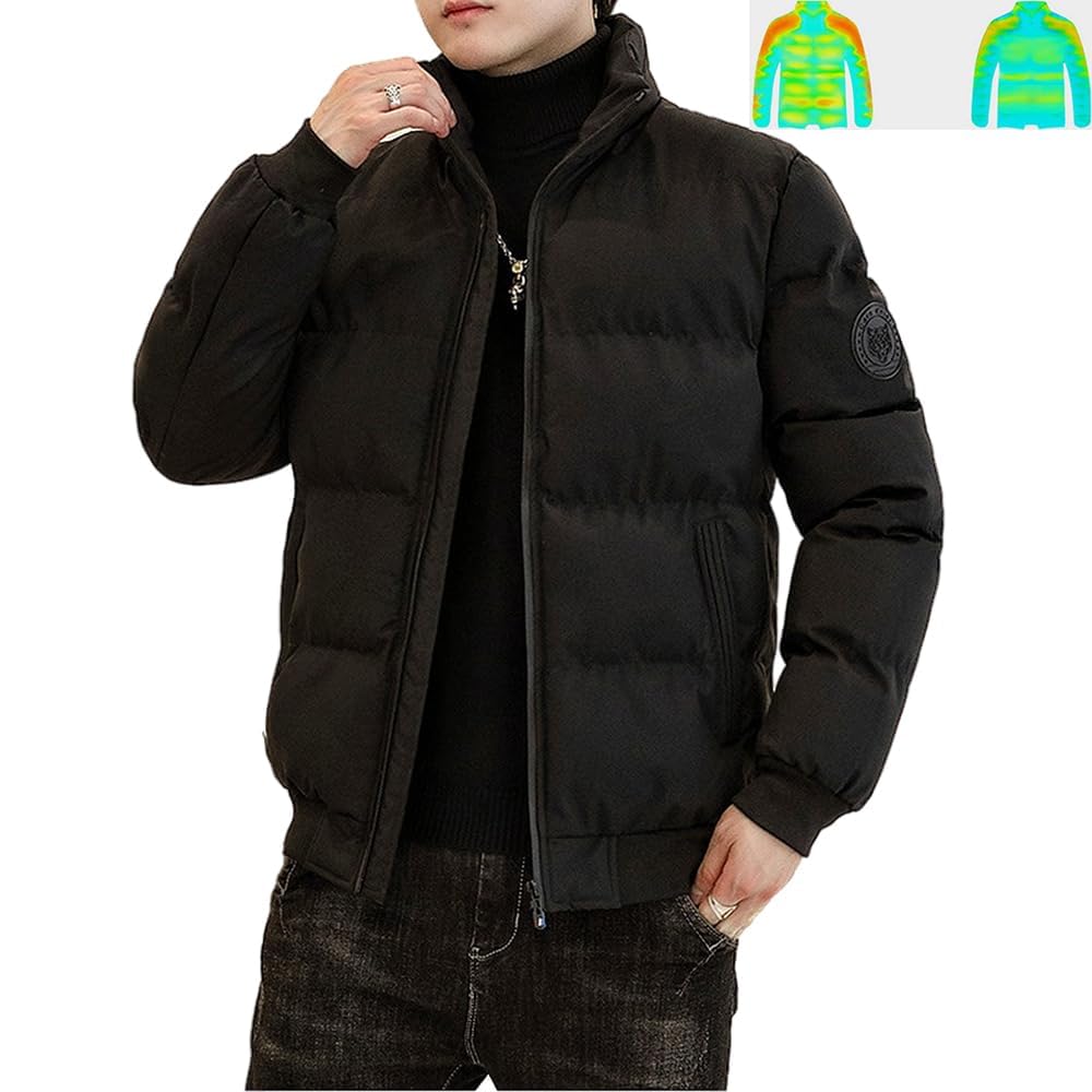 Aaronlive Winter Down Windproof and Collar Trench Warm Cotton Size L Men's Jacket, Cold-Resistant, Stand-Up Coat, Coat, Black,