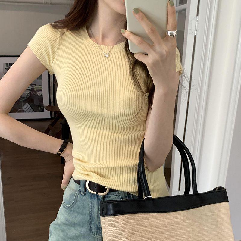 Kumikumi Simple Basic Round Neck Pure Color Short Sleeve T-shirt Female Summer All-Matching Slim Fit Slimming Shoulder Tops