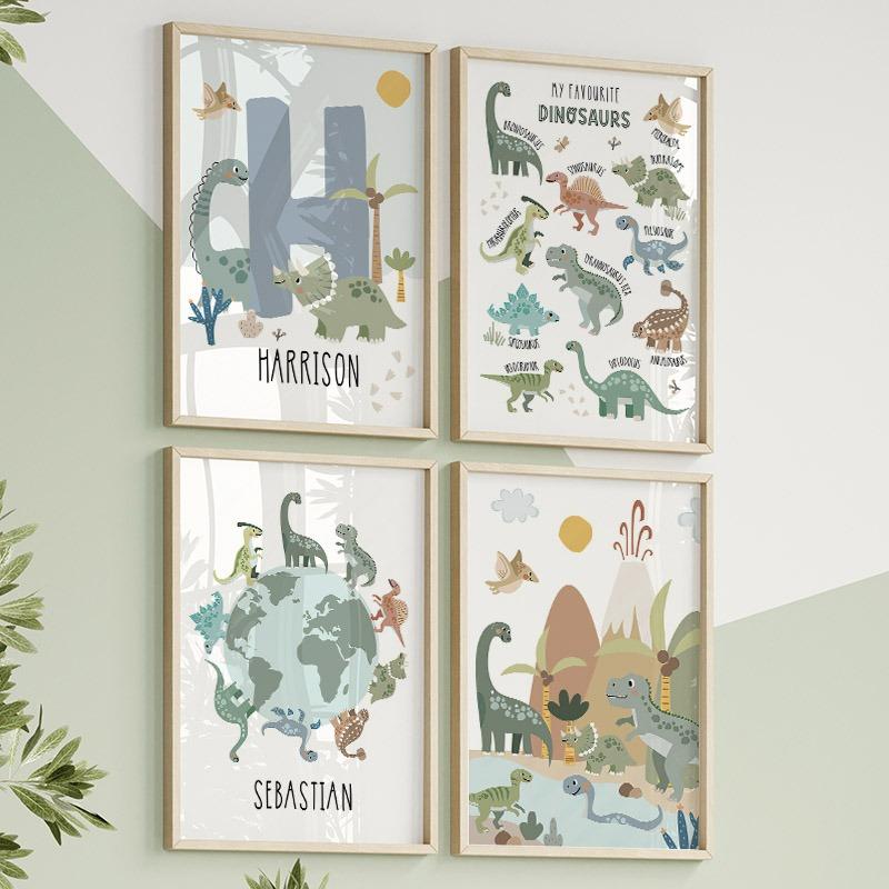 Earth Dinosaur T-Rex Brachiosaurus Nursery Wall Art Canvas Painting Nordic Dino Posters And Prints Pictures Baby Kids Room Decor