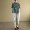 Women's Peter Pan Collar Short Sleeve Blouse Loose Fit Vintage Floral Print Cotton Linen Casual Top