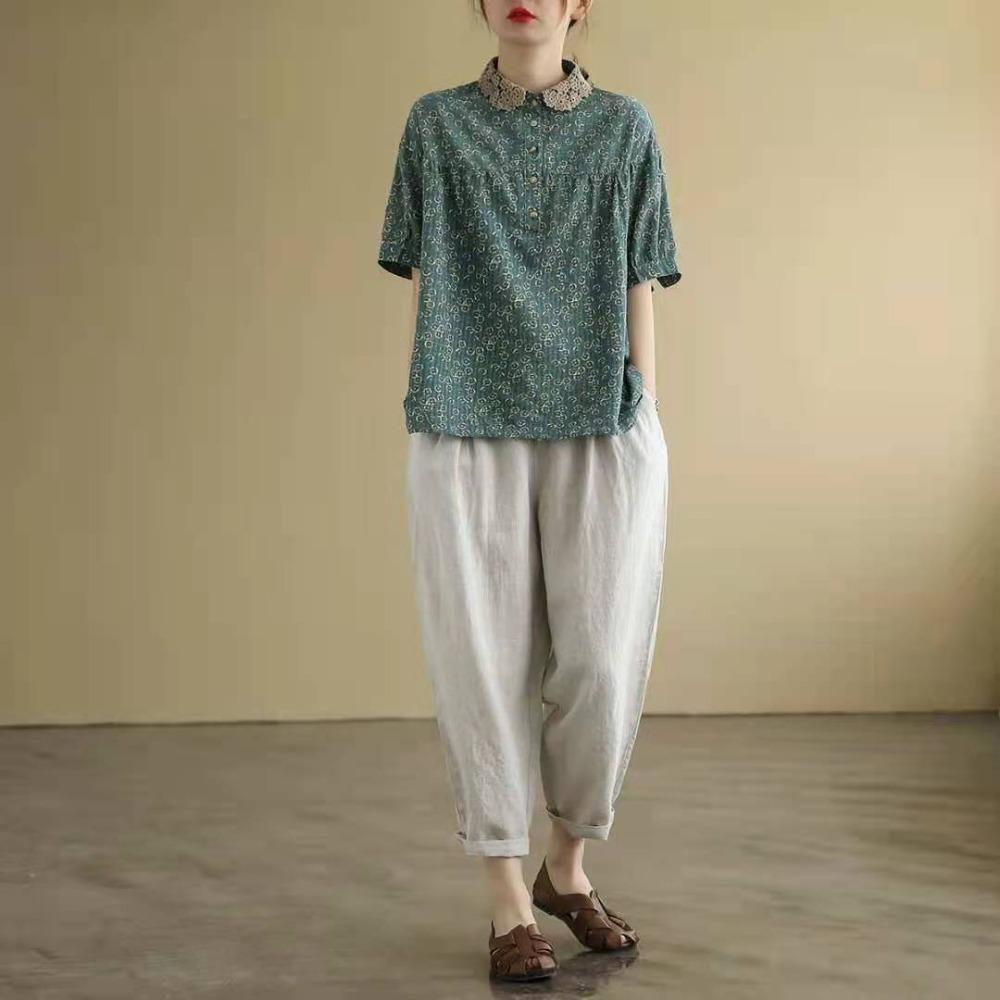Women's Peter Pan Collar Short Sleeve Blouse Loose Fit Vintage Floral Print Cotton Linen Casual Top
