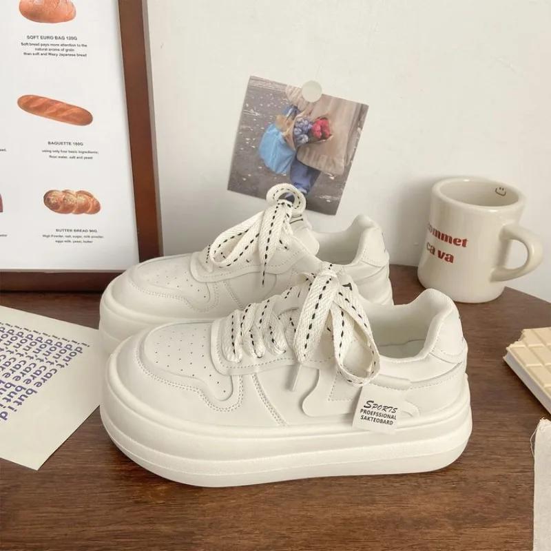 Fashion 2024 Pure White Shoes for Women Platform Cute Round Toe All-match Pu Leather Sneakers Athletic Casual Vulcanized Zapatillas