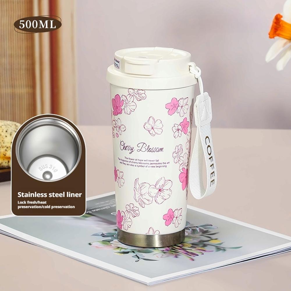 Floral Boho Coffee Tumbler 500ml, Summer Sunflower Flower Thermos Coffee Cup Travel Mug With Leakproof Lid Double Wall Vacuum