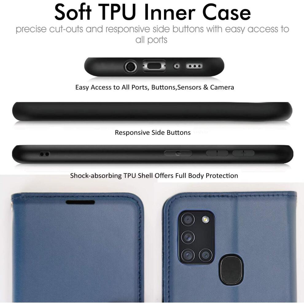 Étui portefeuille en cuir pour Galaxy A21s - Bleu marine, Coque à rabat avec 3 emplacements pour cartes + poche à billets, Support et dragonne, Fermeture magnétique