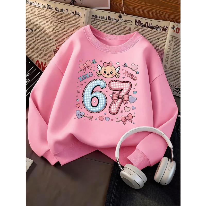 Kids Girls Crewneck Sweatshirt, Plaid Bow Baby Angel Heart XOXO Number 67 Print Pullover, Cute Birthday Sweatshirt For Kids Over 4 Years Old