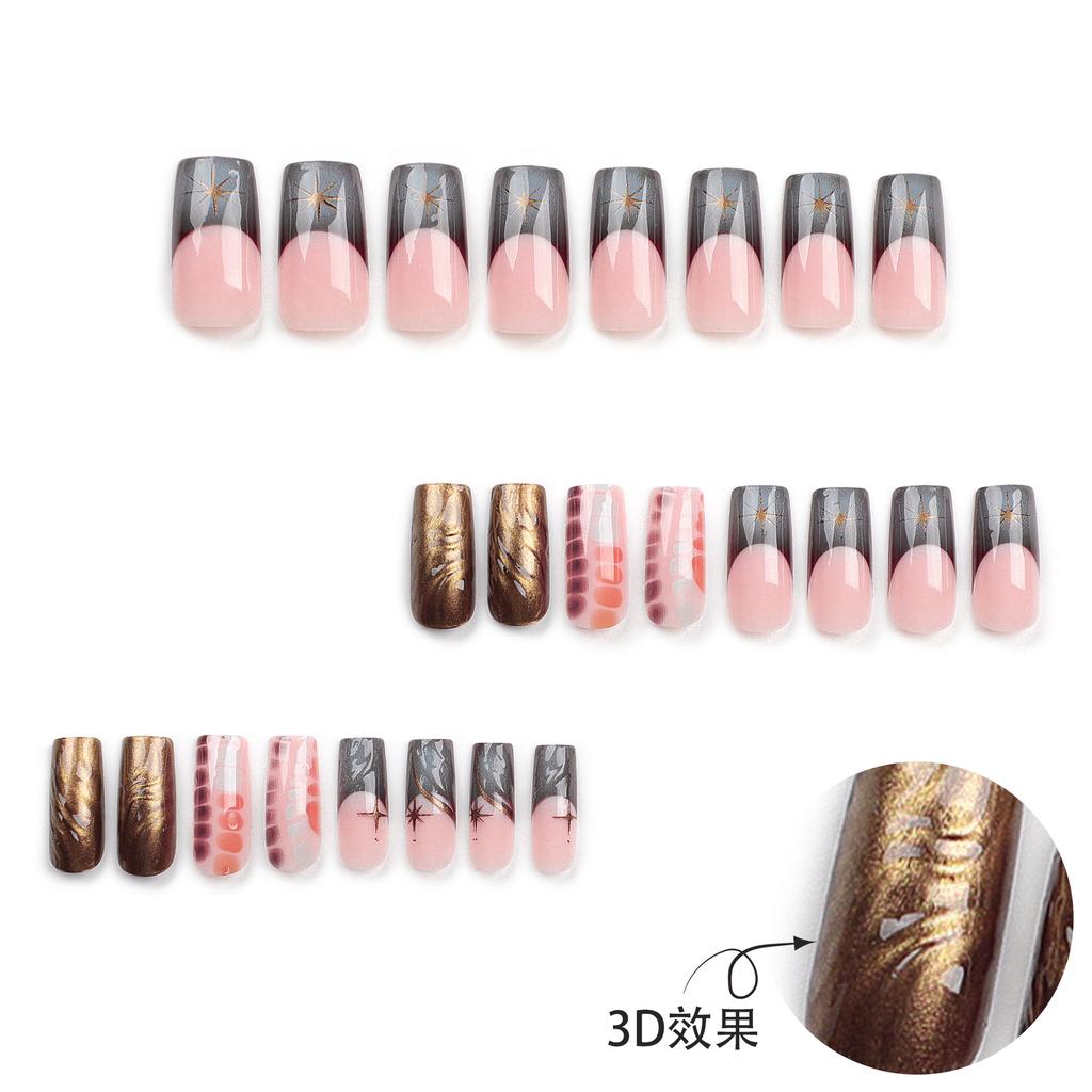 24 Pieces French Smudge Wearing Nail 3D Star Manicure Medium and Long Nail Piece Removable Black Sugar Fake Nail Patch