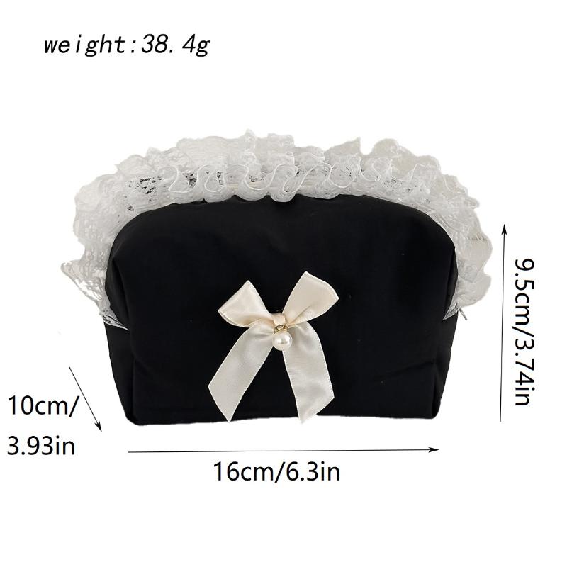 Black Lace Bow Makeup Bag Large Capacity Toiletry Bag Travel Cosmetic Organizer Cute Korean Portable Pouch For Women