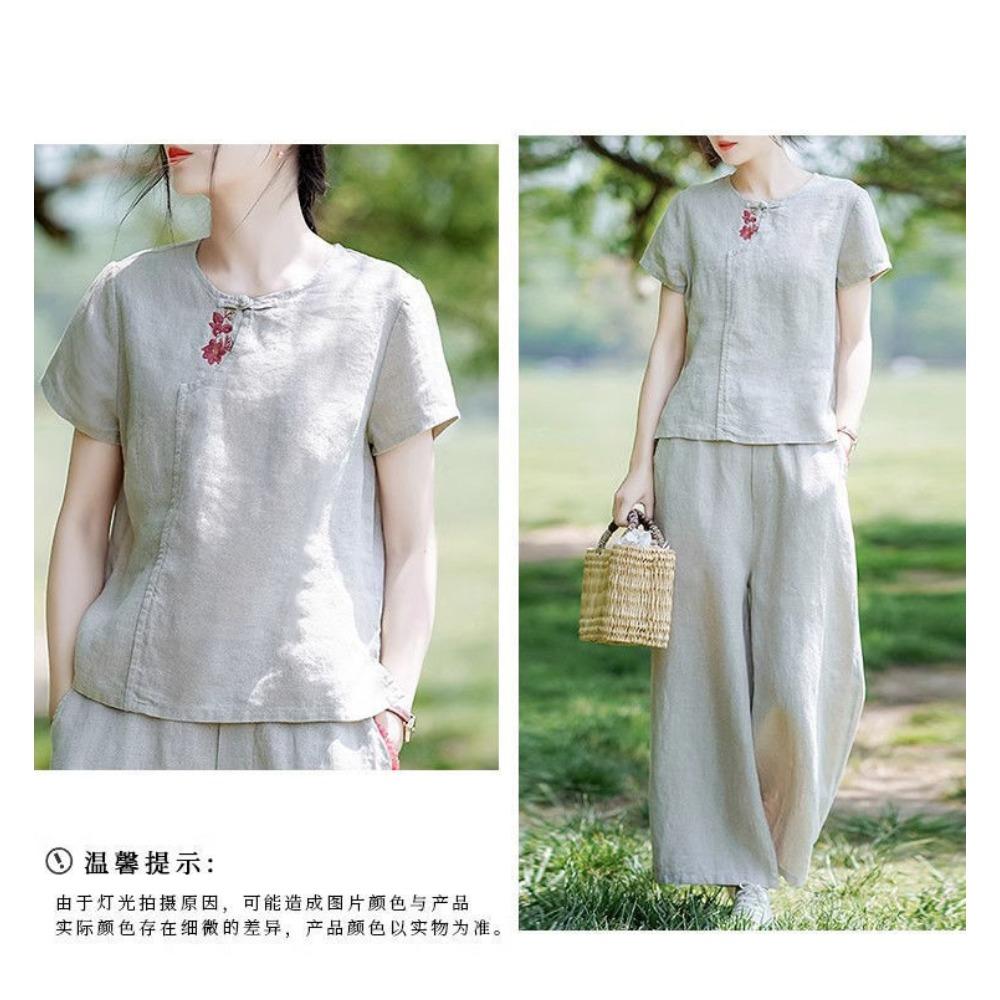 Spring and Summer Cotton and Linen Ethnic Style New Chinese Embroidery Short Sleeved T-shirt Retro Women's New Loose Casual Top