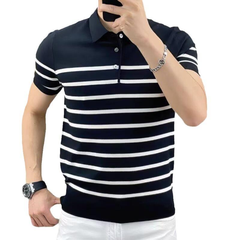 Men's Ice Silk Striped Polo Shirt - Light, Short-Sleeved, Summer 2024 Trend