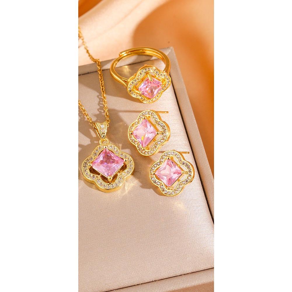 Four-leaf Clover Stylish and Elegant Light Luxury Pendant Zircon Exquisite Clavicle Chain Earrings Titanium Steel Necklace Set