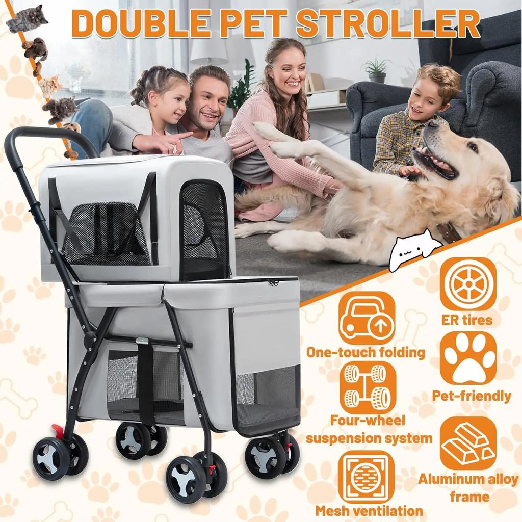 Pet Travel Carrier Strolling Cart Double Pet Stroller for Dog Cats Quick-Folding Dog Stroller Carrier with Detachable Carriers