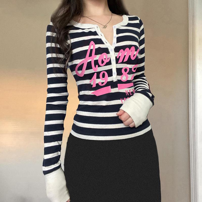 

Женская ретро-футболка с принтом в полоску и надписью «полуоткрытый ворот» в индивидуальном стиле в стиле Spice Girls L белый/чёрный