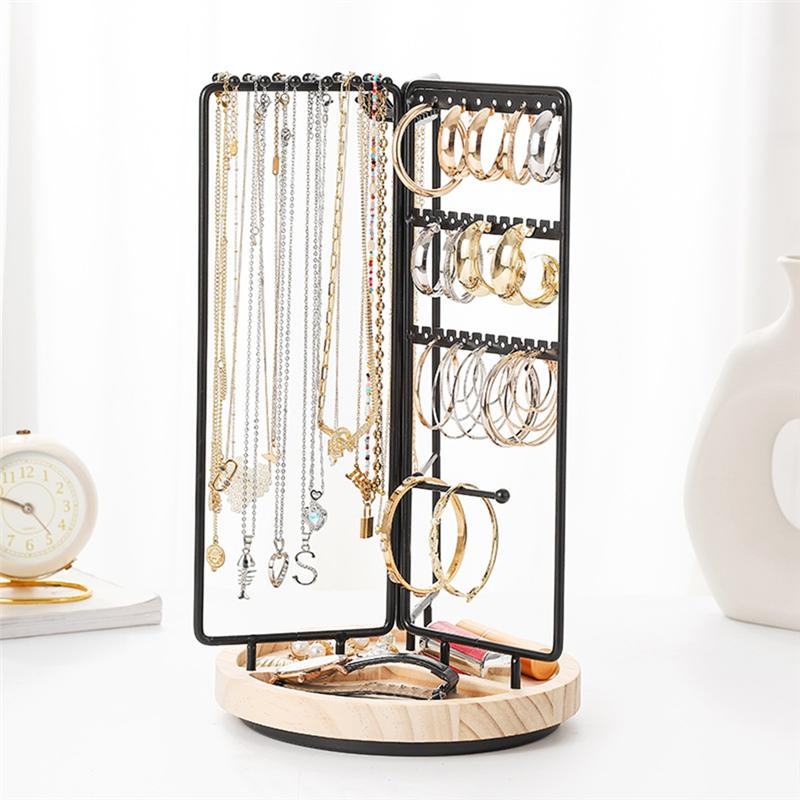 Premium-Jewelry Organizer Stand Rotating Jewelry Display With Metal Frame, With Bottom Tray, Jewelry Tower Organizer