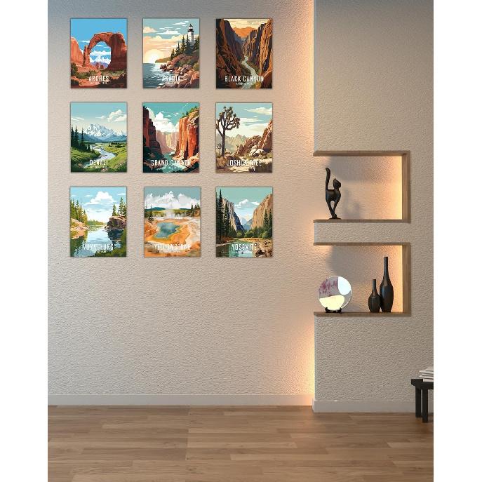 Nilem Design Retro National Park Posters Set of 9 – 8x10 Illustrated Wall Art Prints – Unframed Vintage-Style Nature Decor for Living Room,