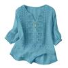 Women Boho Embroidered Blouse V‑Neck Linen Blouse Loose Button Decor Casual Tunic Top for Ladies Daily Wear